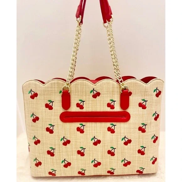 Betsey Johnson Cherry Print Straw Tote Bag Red Scalloped Top Chain Straps Charm - Picture 6 of 10